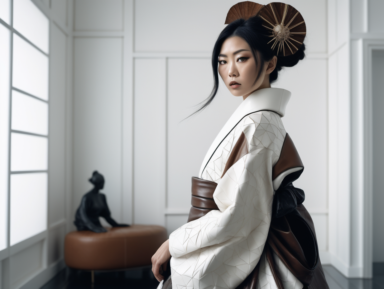 ultra realistic high texture image of a candid photo of an eccentric artistic japanese woman in haute couture, posing in a white modern room, leather, black and brown pastel colors, 35mm photography --ar 2:3