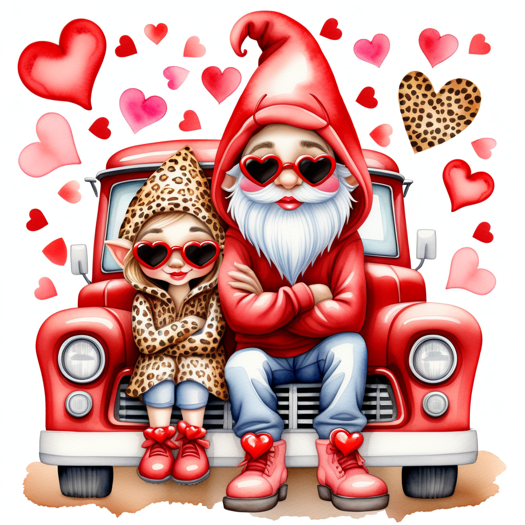 Create a watercolor gnome in a vintage red chevy truck wearing a leopard-skin hoodie which covers his eyes. Next to him sits his lady gnome with a pretty red bow in her hair. Add Valentines motifs to the image such as hearts or red roses. 