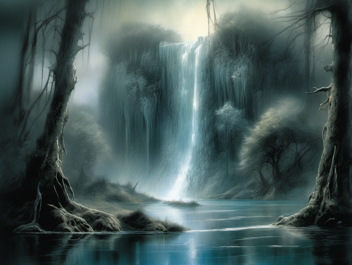 genera una ilustración de fantasía, estilo Luis Royo, de una cascada sobre una laguna en medio de un bosque de fantasía, luz etérea y fría




