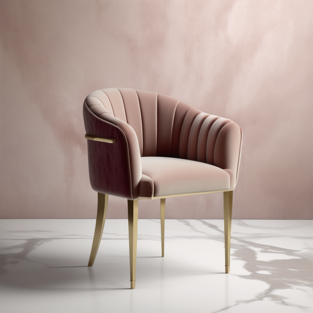 a hyperrealistic image of a velvet modern Parisian  dining chair with arms in beige dusty rose and brass 
