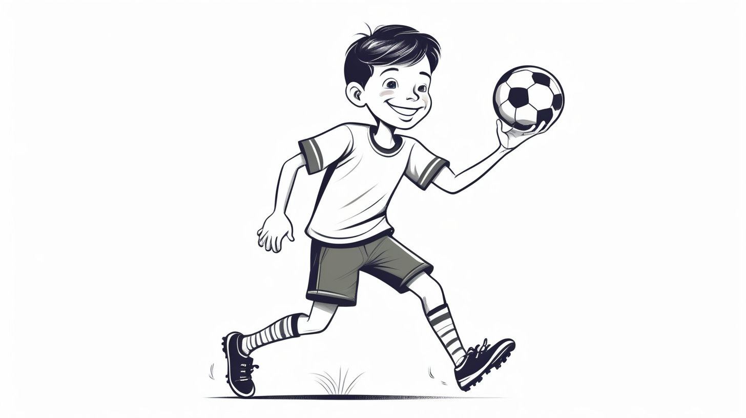simple illustration of  healthy 10 year old boy. catching a football and a smile on his face.