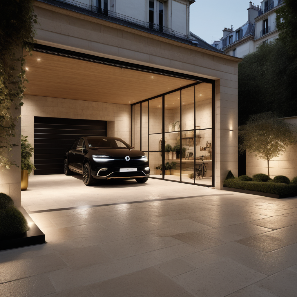 hyperrealistic modern Parisian garage at night; mood lighting;  Limestone pavers; glass wall with view of the gardens; beige, oak, brass and black colour palette; 
