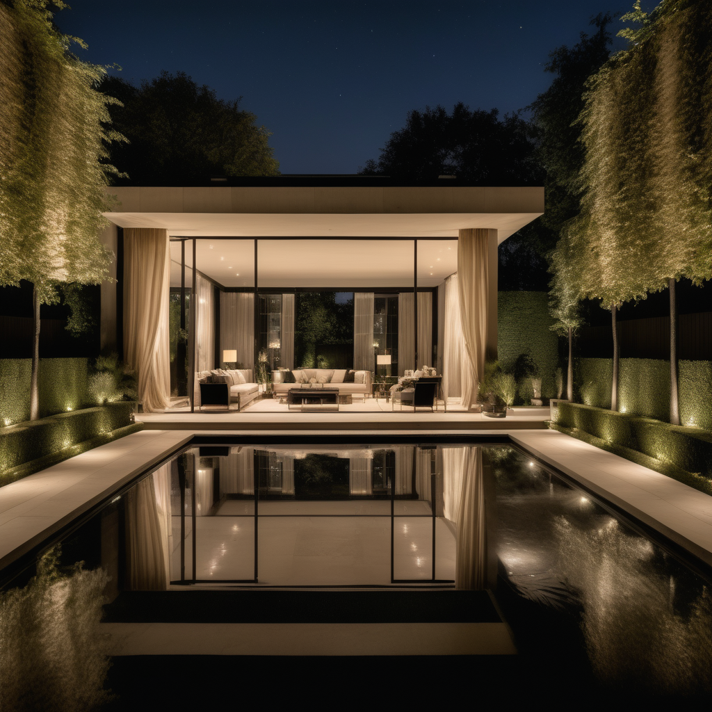 hyperrealistic modern Parisian Cabana with sheer curtains at night; mood lighting;  Limestone pavers;  overlooking the sparklin pool; beige, oak, brass and black colour palette; surrounded by open space, gardens and sprawling lawns --no neighbour houses

