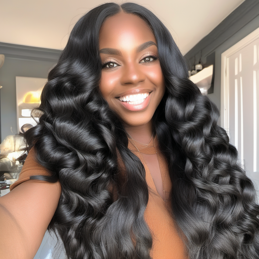selfie of a black woman wearing long black natural wavy hair extensions