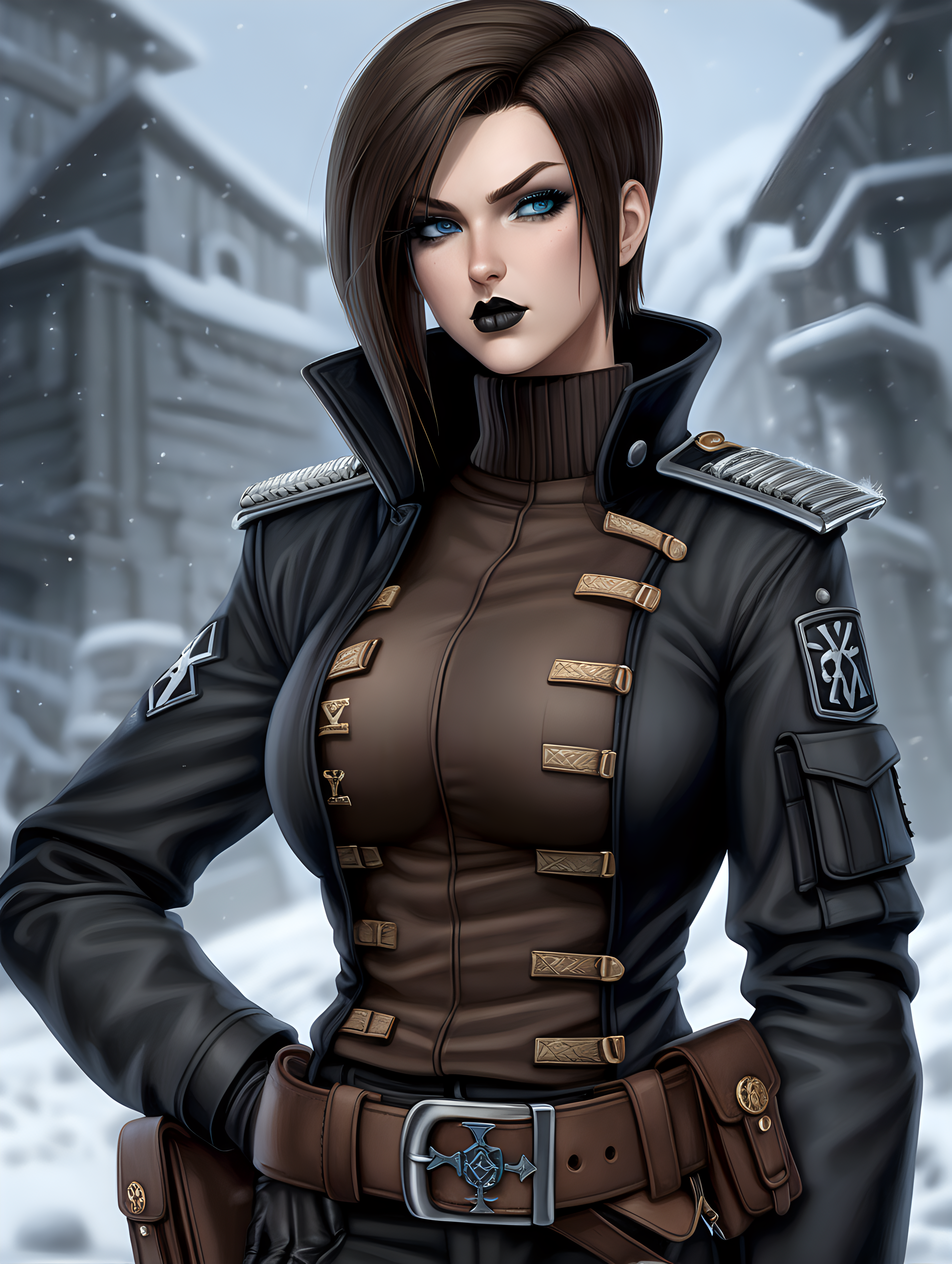 Warhammer 40K young very busty Commissar woman. She has an hourglass shape. She has a very short hair style similar to what Maya, from Borderlands 2, has. Dark black uniform. Dark brown belt has a lot of pouches, grenades, and a black holster attached. Dark brown bandolier around waist. Her dark black uniform jacket fits perfectly and is closed up. She has a lot of eye shadow. Background scene is snowy trench line. She has icy blue eyes. Her uniform has Norse runes. She is wearing warm clothes. Valk nut rune is on collar of her black jacket. She has slightly faded greyish matte lipstick. Her uniform top is colored dark black and skin tight. She has primarily brown hair with black dye highlights. She is wearing skin tight mud brown colored pants.