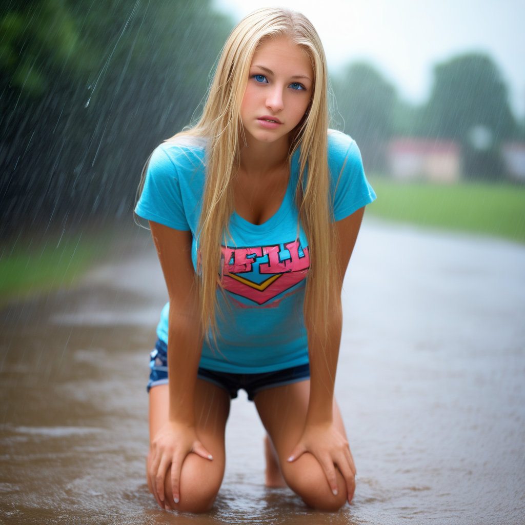 A beautiful, petite, slender, seductive, sultry 18 year old girl, 32DDD breasts, long blonde hair, tanned, blue eyes, raining, colored t-shirt, shorts, kiss, kneeling