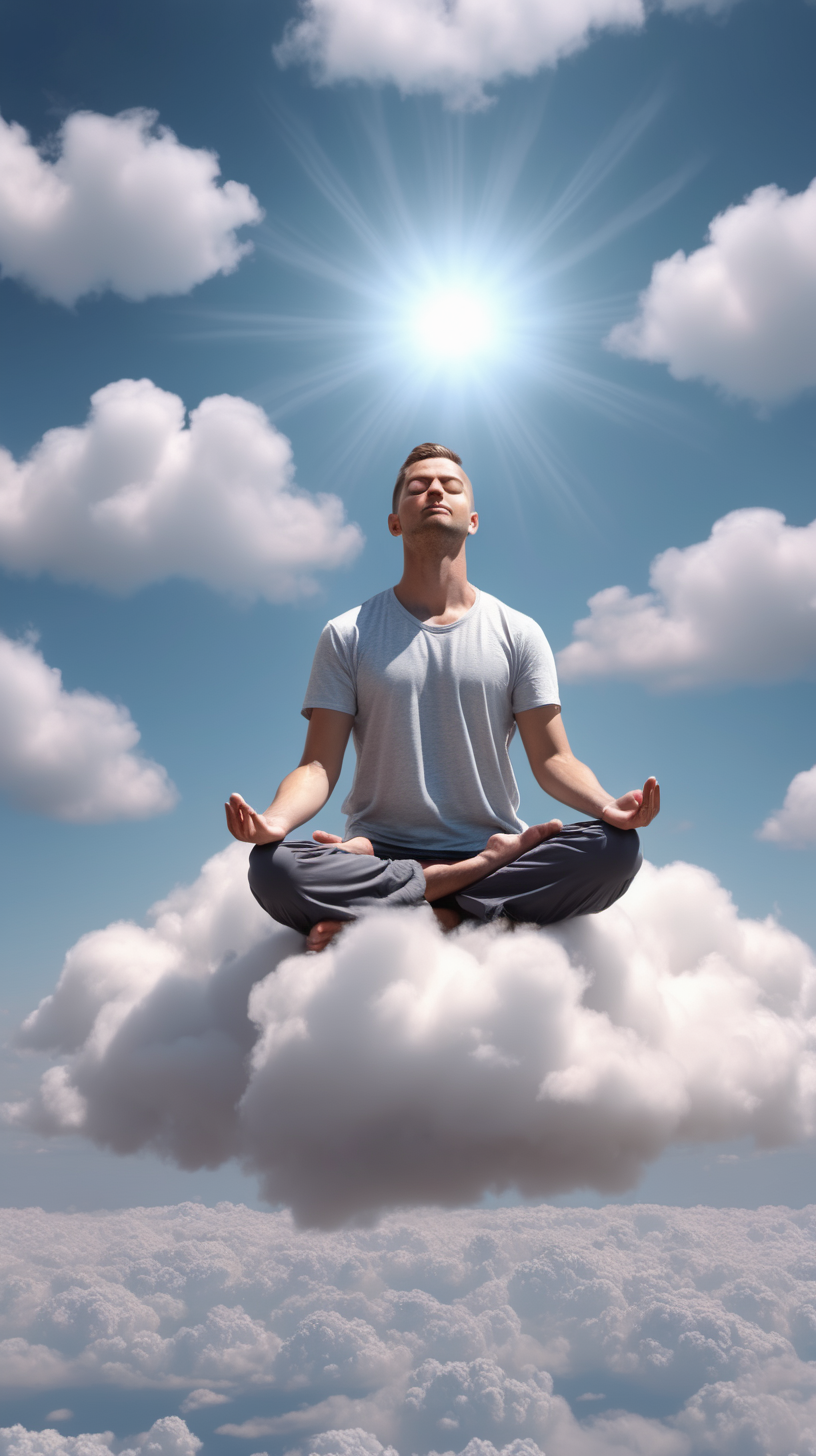 man meditating in the air, floating in the sky on clouds 4k