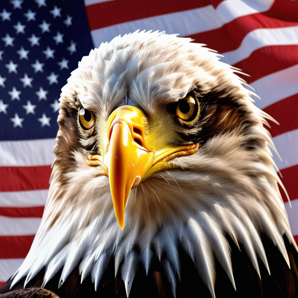 bald eagle against an American flag