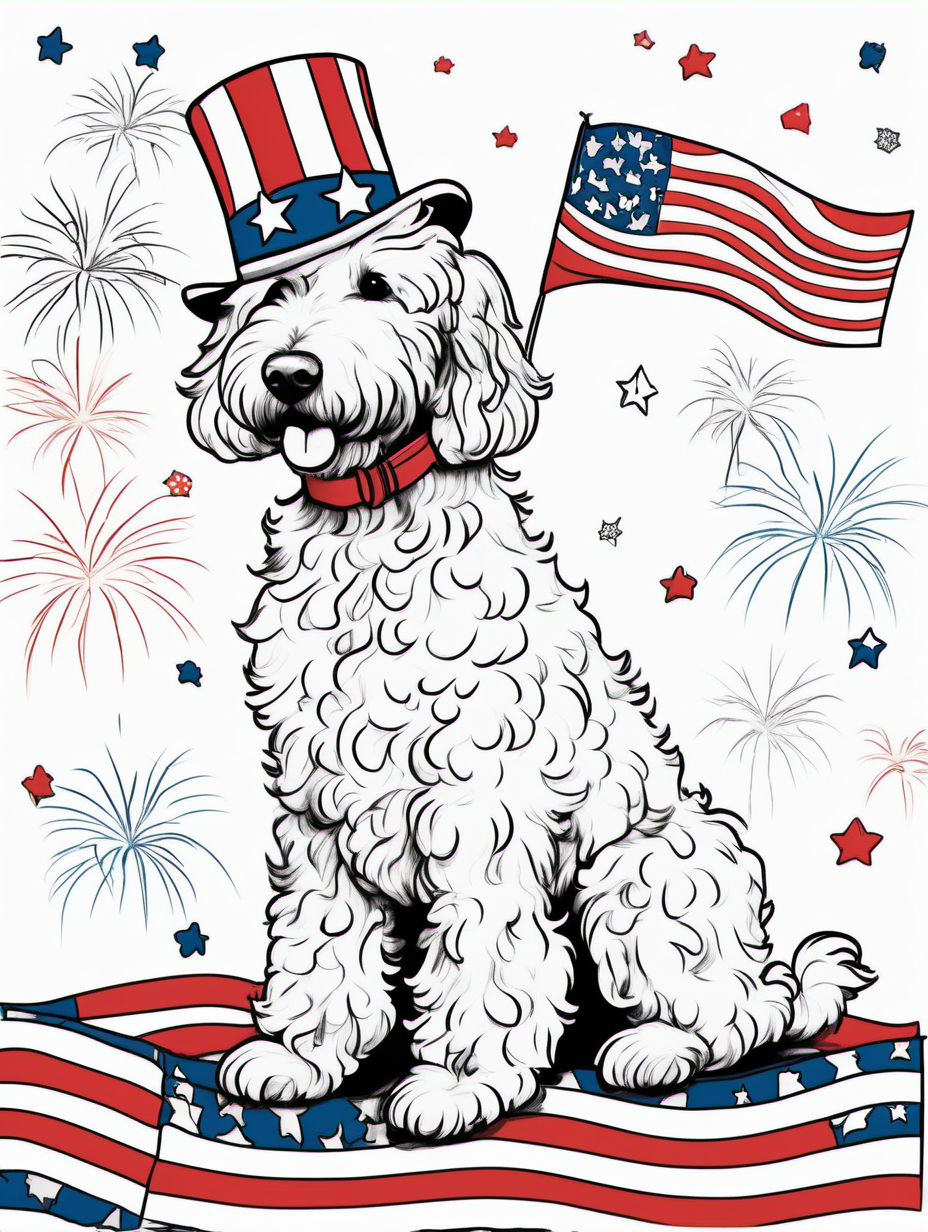 A cute goldendoodle in a whimsical 4th of