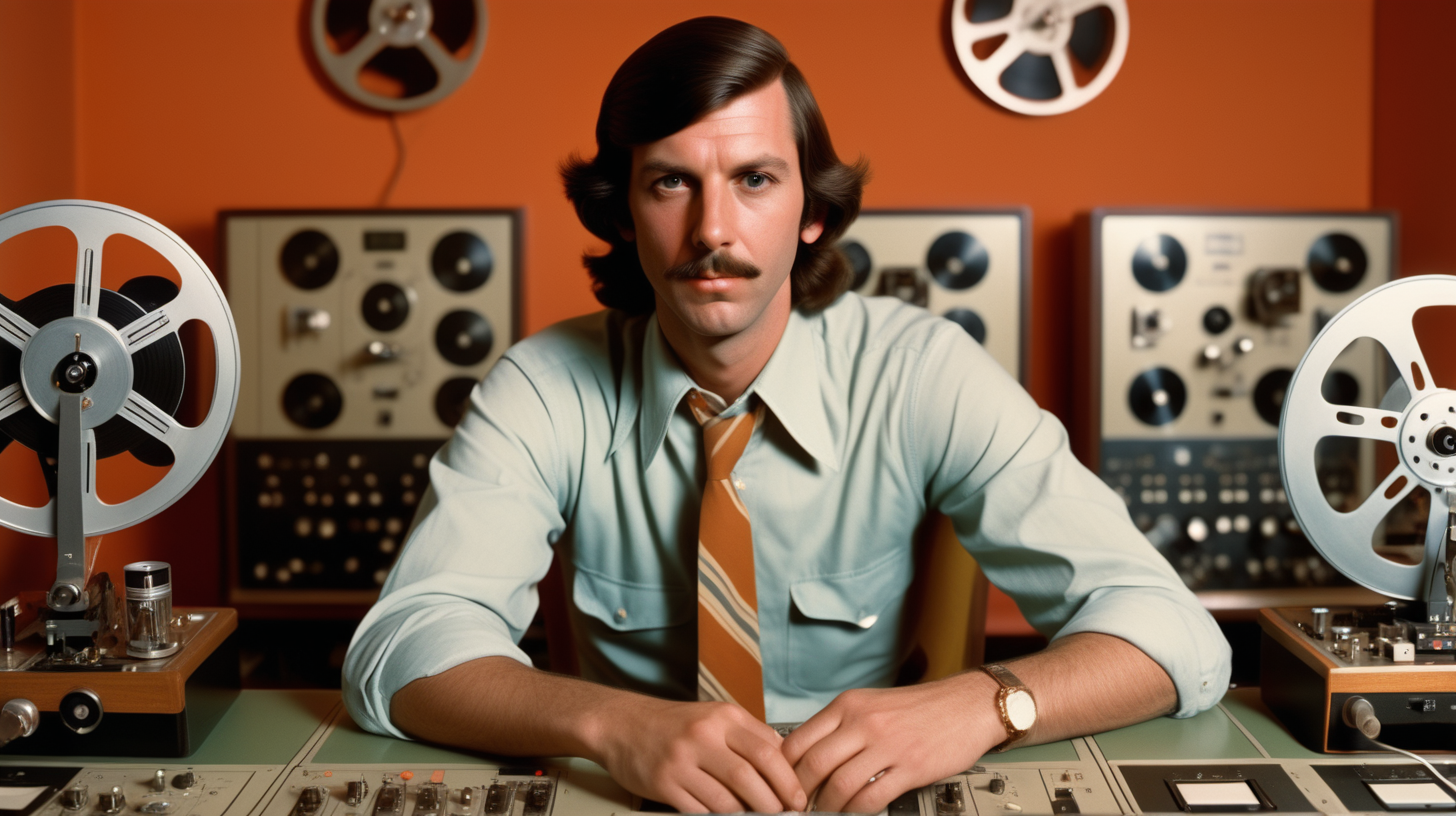 high quality cinematic portrait of a male film editor sitting at a large reel-to-reel film editing desk from the 1970s, with a cigarette in his hand,  in the style of a wes anderson film