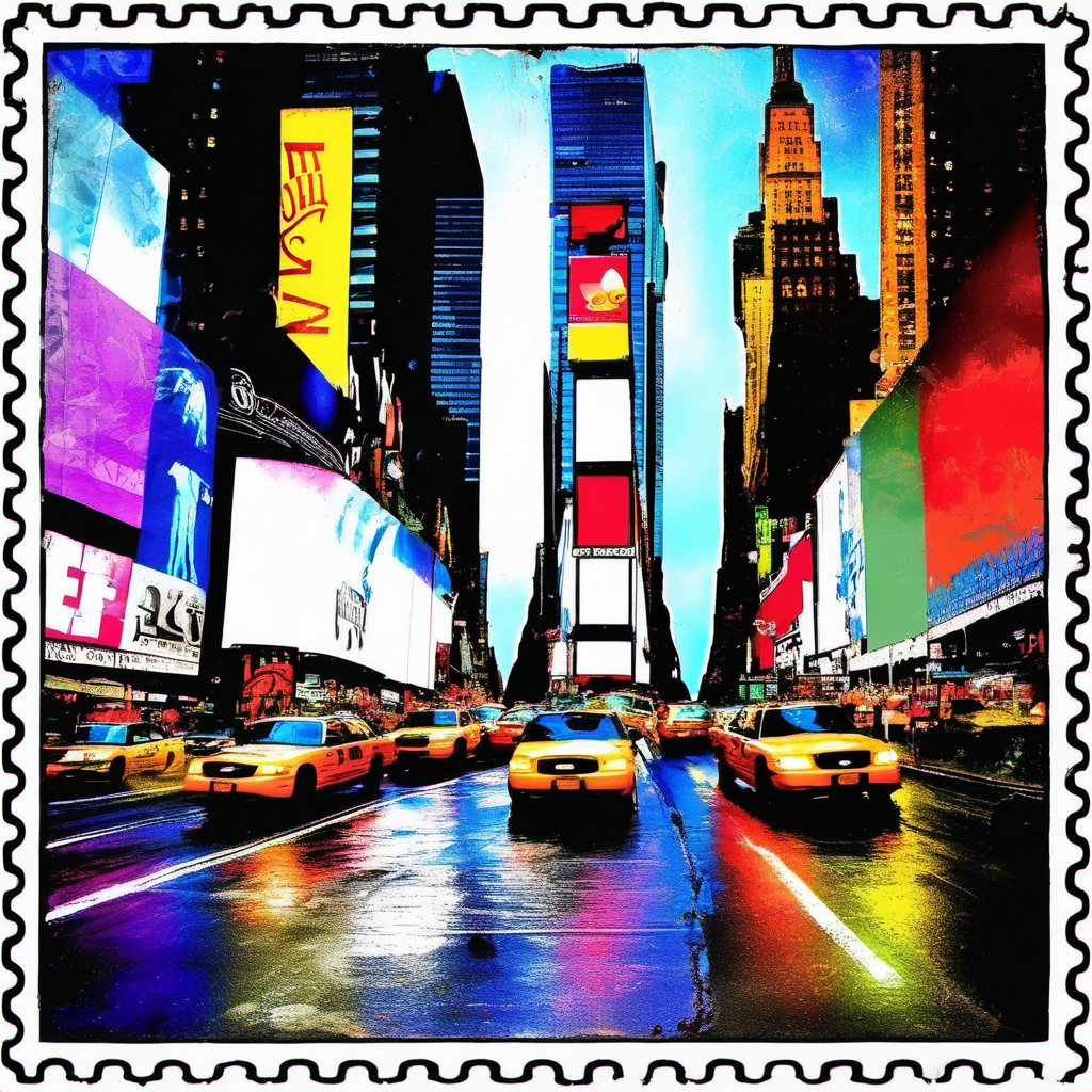 stamp with times square, new york, abstract, colourful, disstressed edges