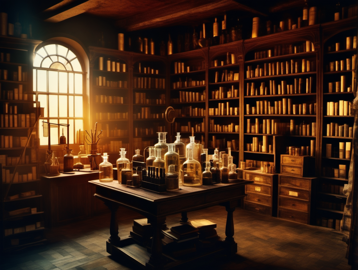 view of old apothecary working table in center with equipment and books, shelf around with books and bottles alchemy cinematic,  film style dreamy dreamcore fantasy golden hour Colors symetric lines