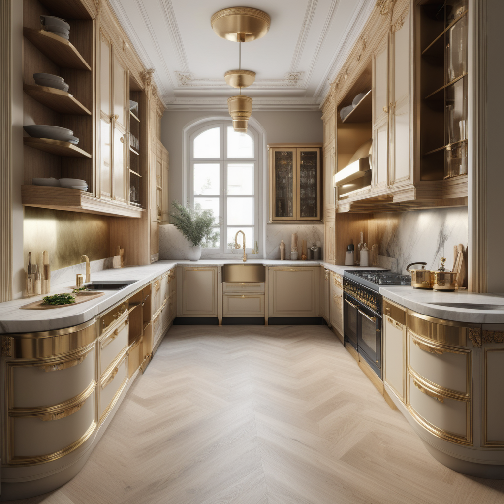 a hyperrealistic image of a palitial modern Parisian 3x6 metre Galley Kitchen  in beige, oak, and brass 
