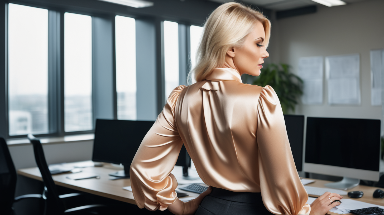 high quality photo showing blonde woman working in office wearing satin blouse big breasts, standing, showing her back, cinematic