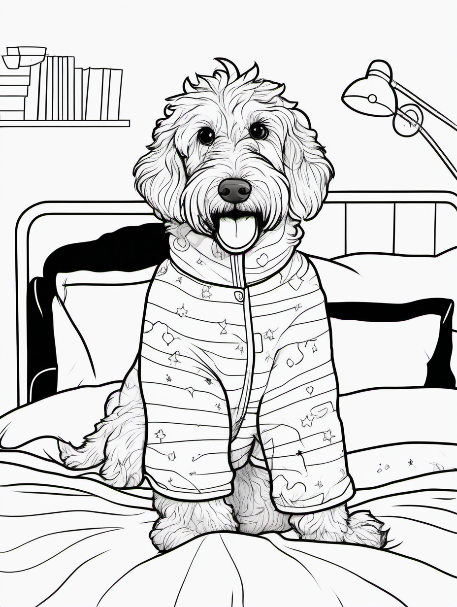 Cute female golden doodle stretched out on her back on a bed wearing whimsical sleepwear for a coloring book with black lines and white background