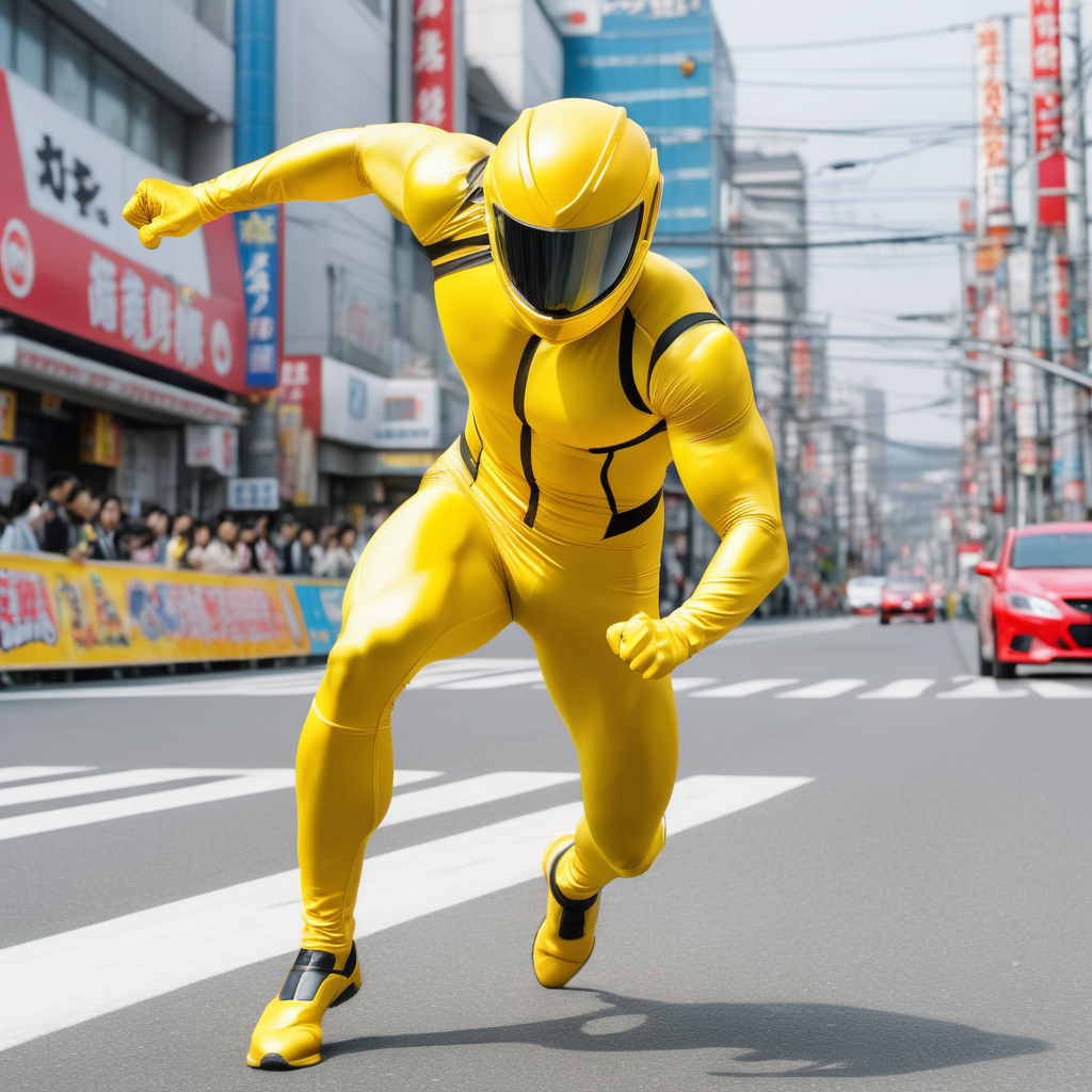muscular man full body bright yellow skintight suit