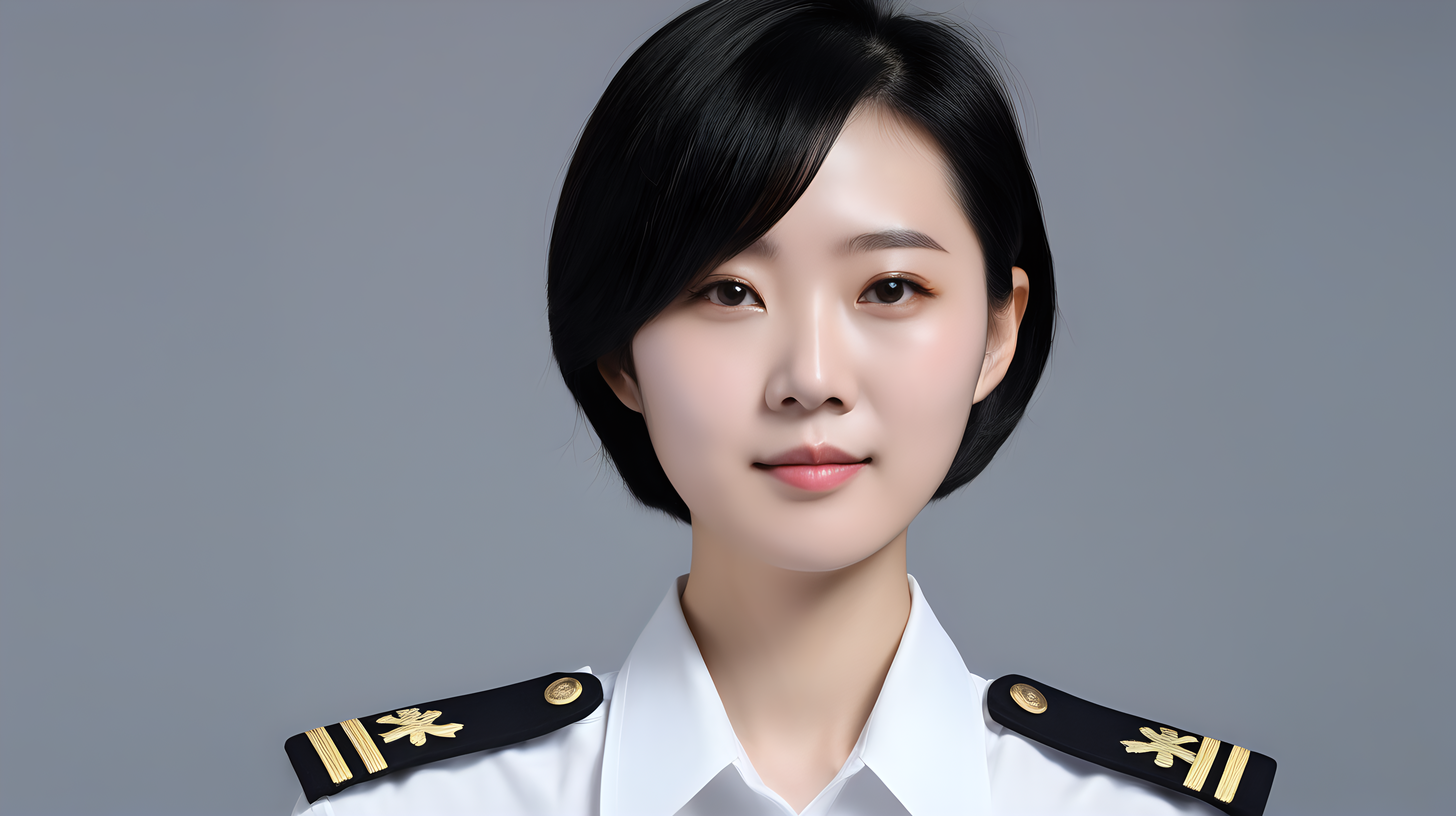 A Chinese navy female soldierYouthShort hairBlack hairWhite shirtFrontal