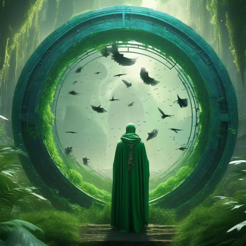 Hd sharp Environment is a vast green jungle with a flock of small birds flying. A cloaked humanoid shaman looking into a gigantic round dimensional gate left by an ancient lost civilization. The portal shows an altered futuristic reality which is similar yet mystical and eerie.