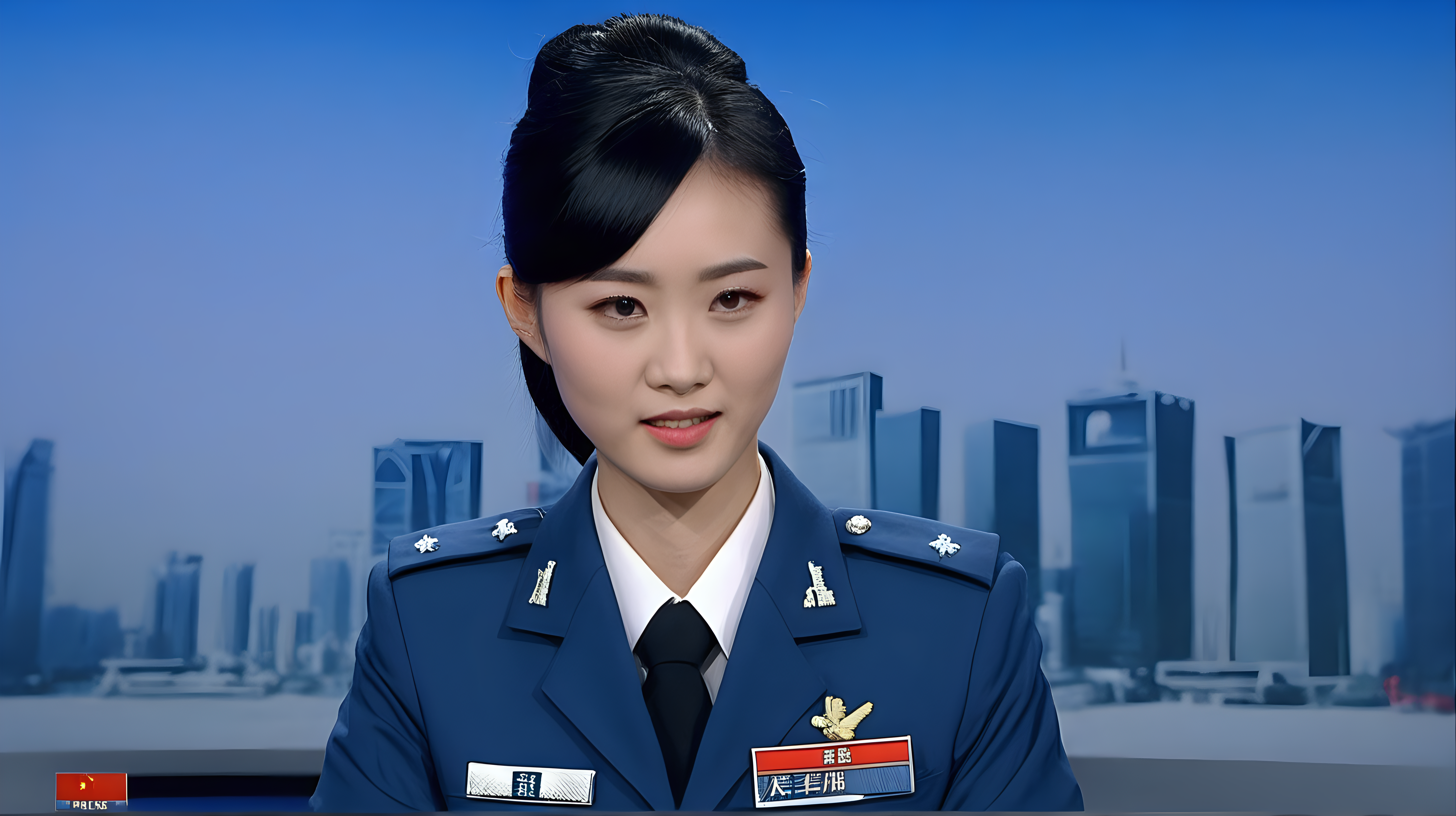 一名中国青年空军女兵
黑发
主持新闻