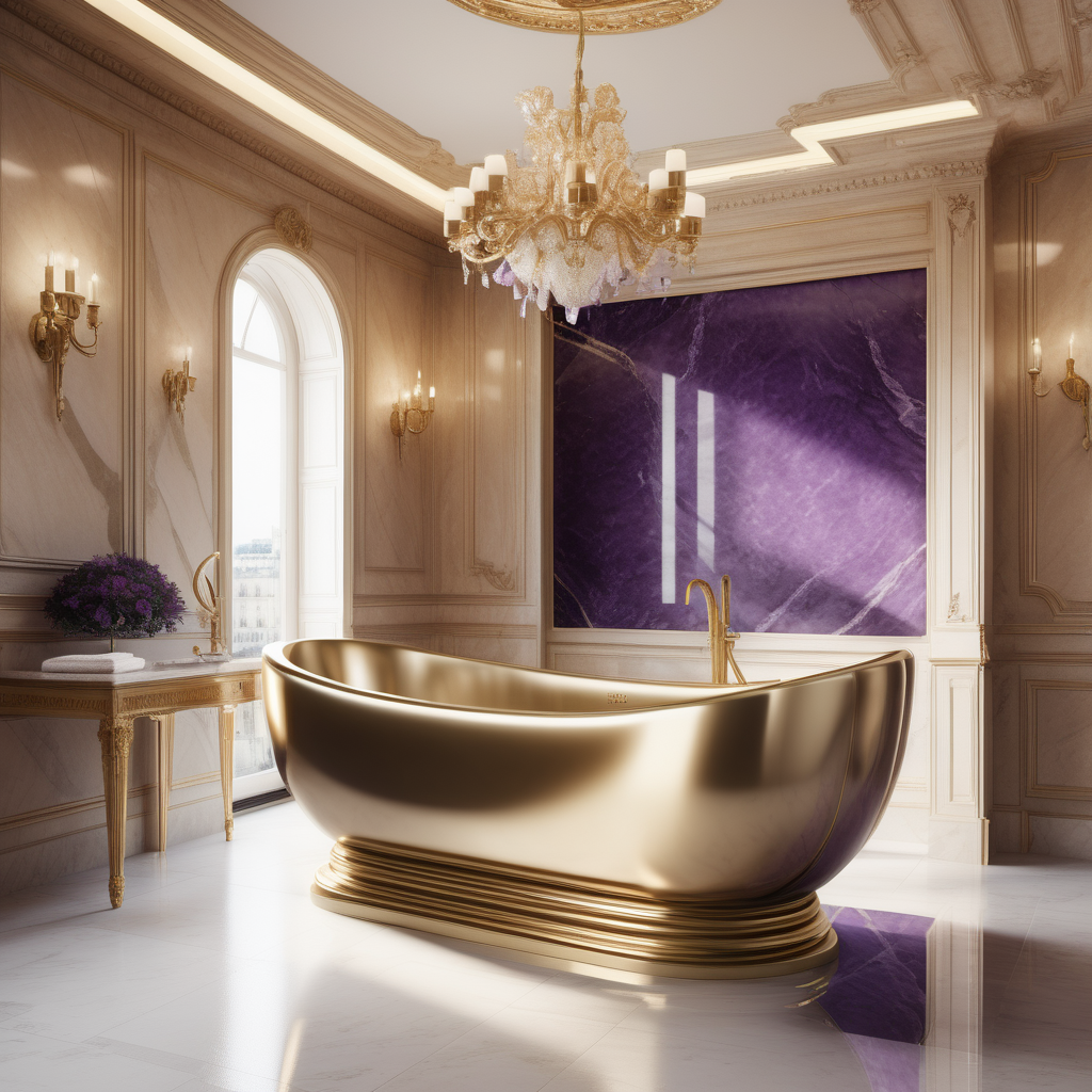 a hyperrealistic image of an Amethyst stone  bathtub in grand modern Parisian bathroom in a beige oak brass colour palette 