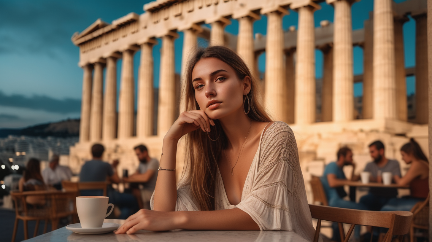 post classic, portrait photography, boho outfit, super realistic woman, sitting in a street coffee shop in modern Athens, dusk blurred Parthenon in the background. Perfect and simetric body and hands. The lighting in the portrait should be dramatic. Sharp focus. A ultrarealistic perfect example of cinematic shot. Use muted colors to add to the scene.