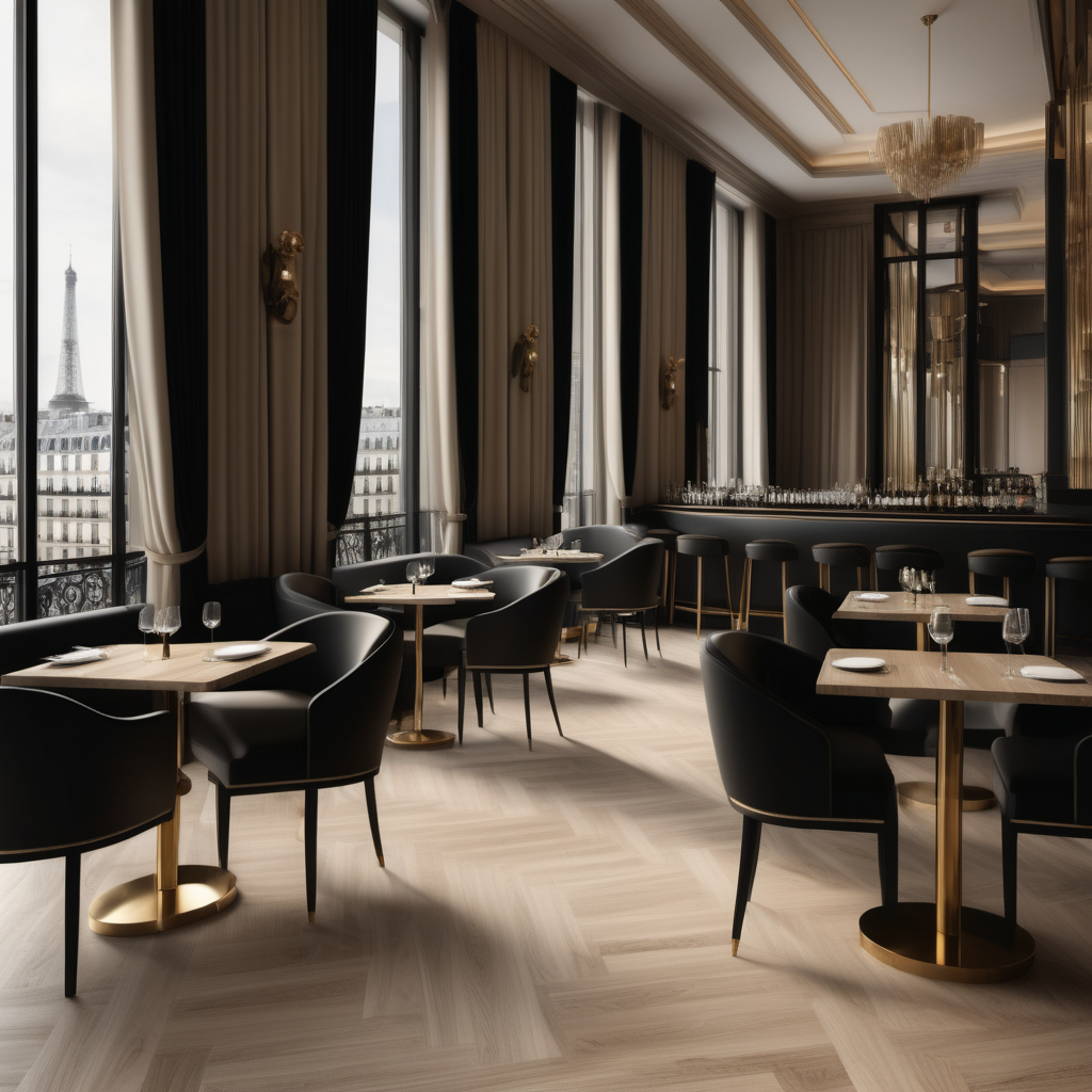 A hyperrealistic image a grand Modern Parisian fancy exclusive resturant and bar with tables and chairs, curtains,  in a beige oak brass and black colour palette with floor to ceiling windows and