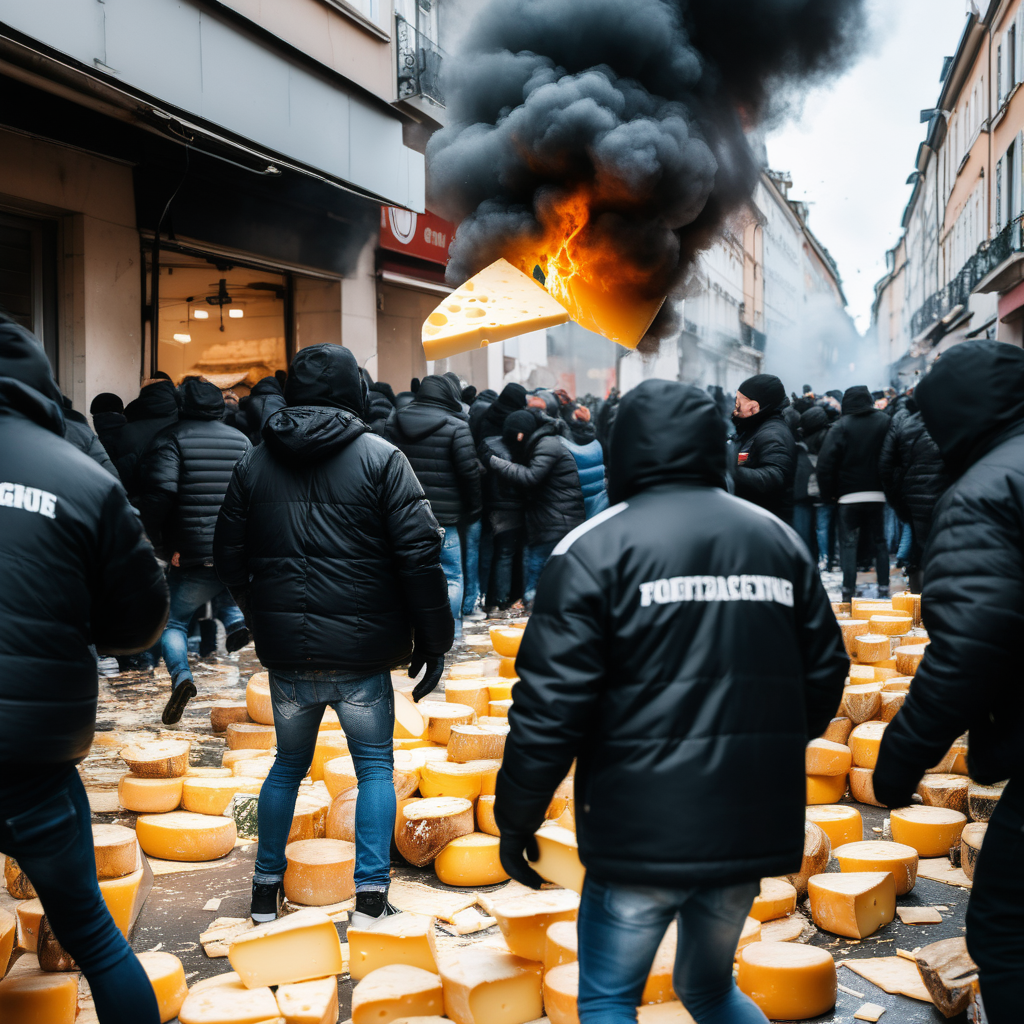Football fans in black jackets destroying a cheese market
