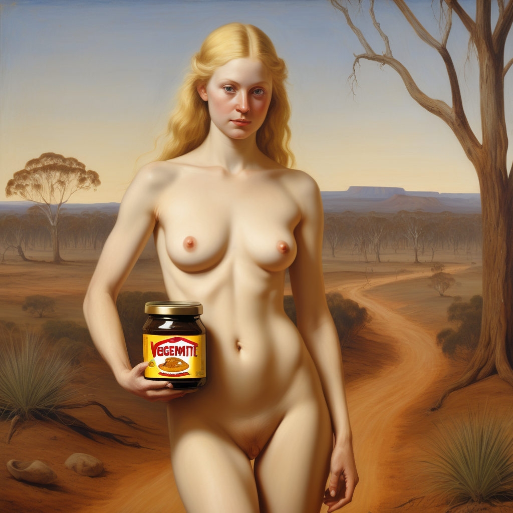 a renaissance painting of a naked blonde woman  in the Australian outback holding a jar of vegemite