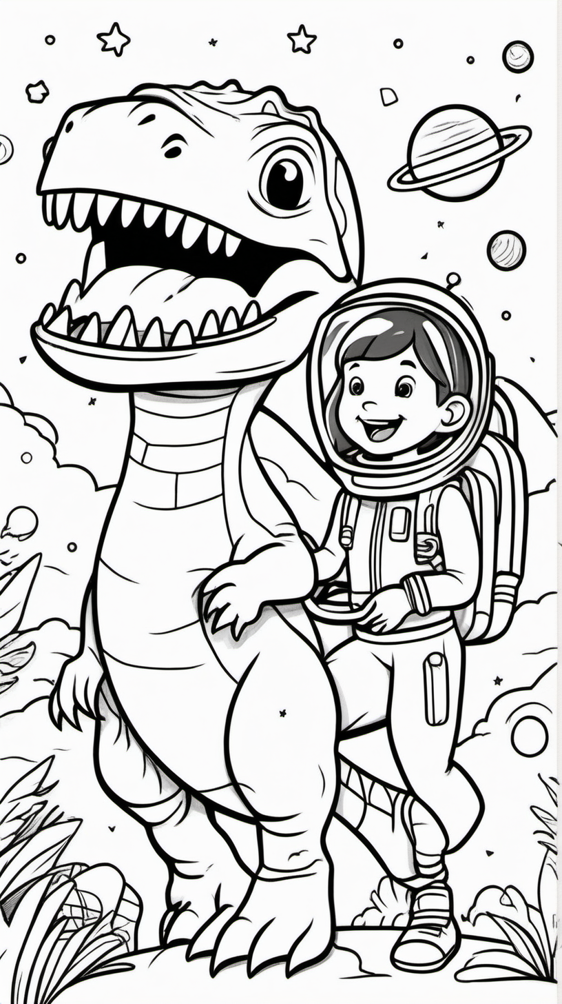 children's coloring book about a dinosaur in spacl with cut  girl background white and cartoon style line draw black  no shadow 