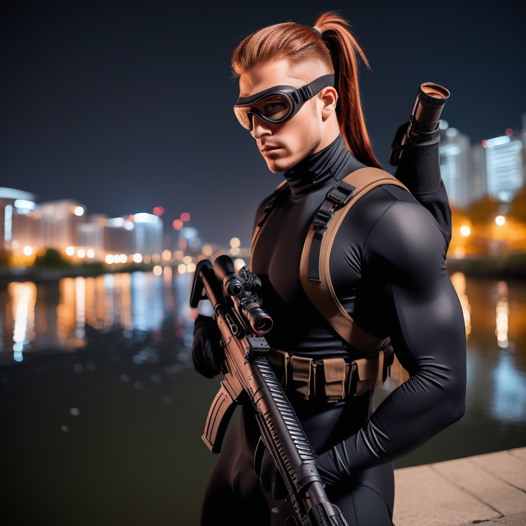 handsome fit young man, reddish-brown ponytail hair, black skintight scuba suit, goggles, sniper rifle, city river, night
