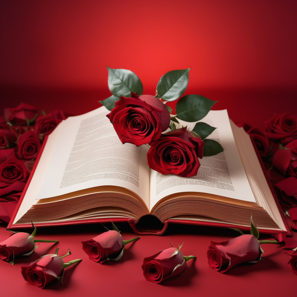 Generate an image of an open book with pages turning from the old year to a new chapter, symbolizing new beginnings and stories, and incorporate the color red in the background as well as red roses in some way.