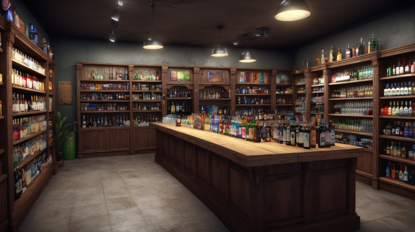 /imagine prompt: realistic, personality: [Illustrate the interior of a well-stocked liquor store. Shelves lined with bottles of various spirits, colorful labels catching the eye. The protagonist is engaged in a casual conversation with the cashier, both wearing friendly smiles. The camera captures the vibrant atmosphere and the possibilities that lie within the store] unreal engine, hyper real --q 2 --v 5.2 --ar 16:9