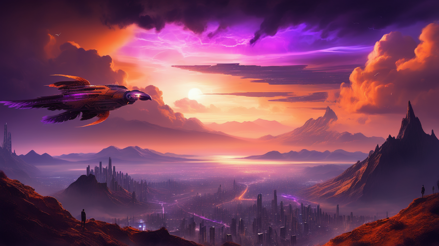 Make a fantasy picture mixed with sci-fi with sky in orange and purple with calm feather clouds at sunset, seen from a hill looking away at amazing view with mountains and here and there advanced small cities in the mountains with lights in windows, inspiration a mix of Bladerunner film and Avatar.