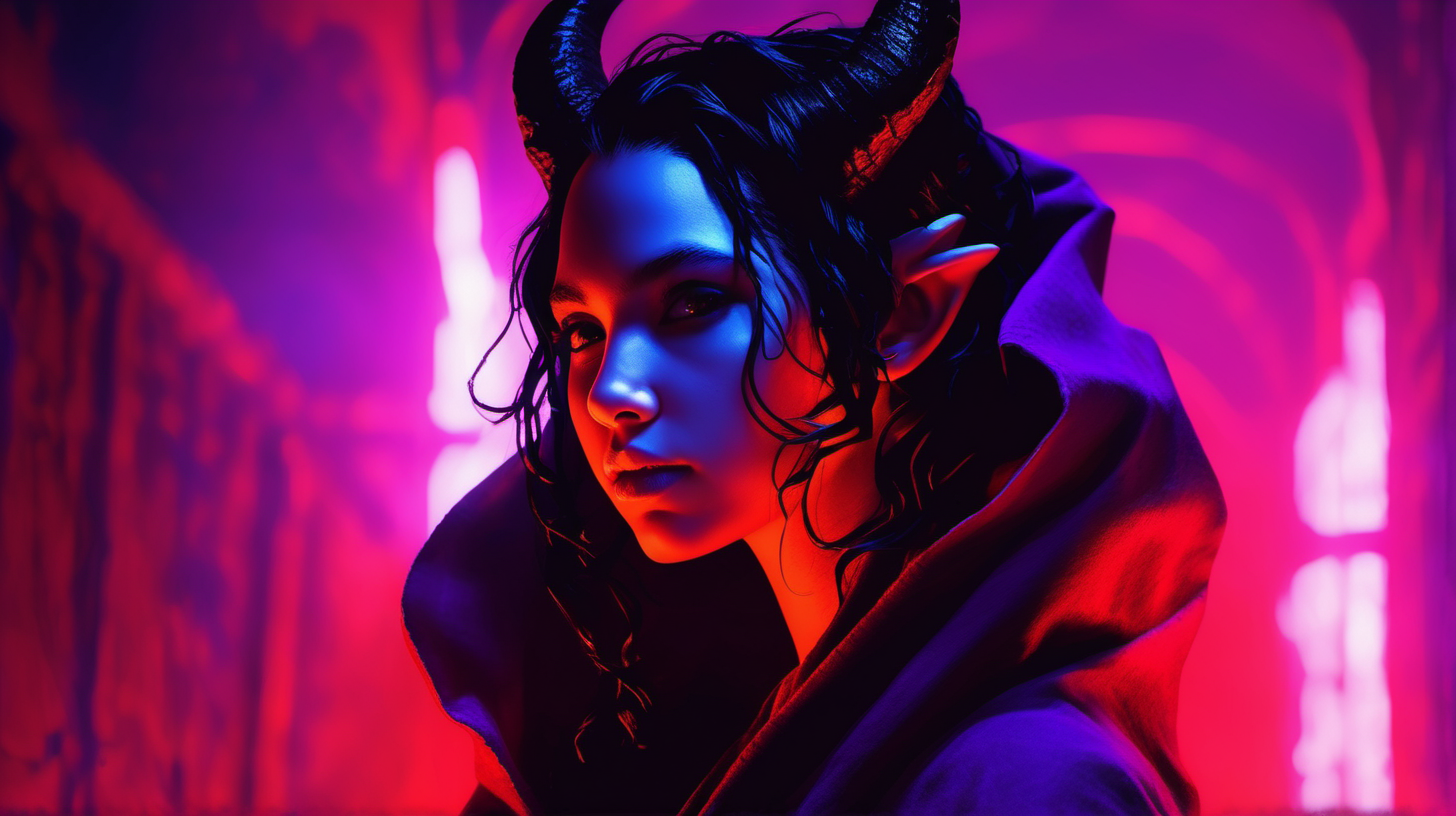 a beautiful female teenage tiefling with purple skin