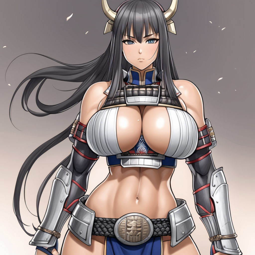 beautiful anime woman with muscles and big boobs wearing samurai armor