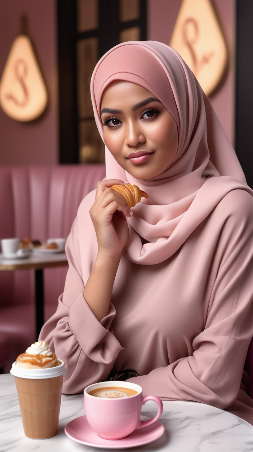 a wide shoot of a malay woman hijab, detail face smooth, mix look American, wearing outfit rockers, sitting at her chair with croissant and salted caramel coffee setting up in table very luxury soft pink theme, realistic, 8k, taken from dslr nikon, instagram style, extremely delicious look, 