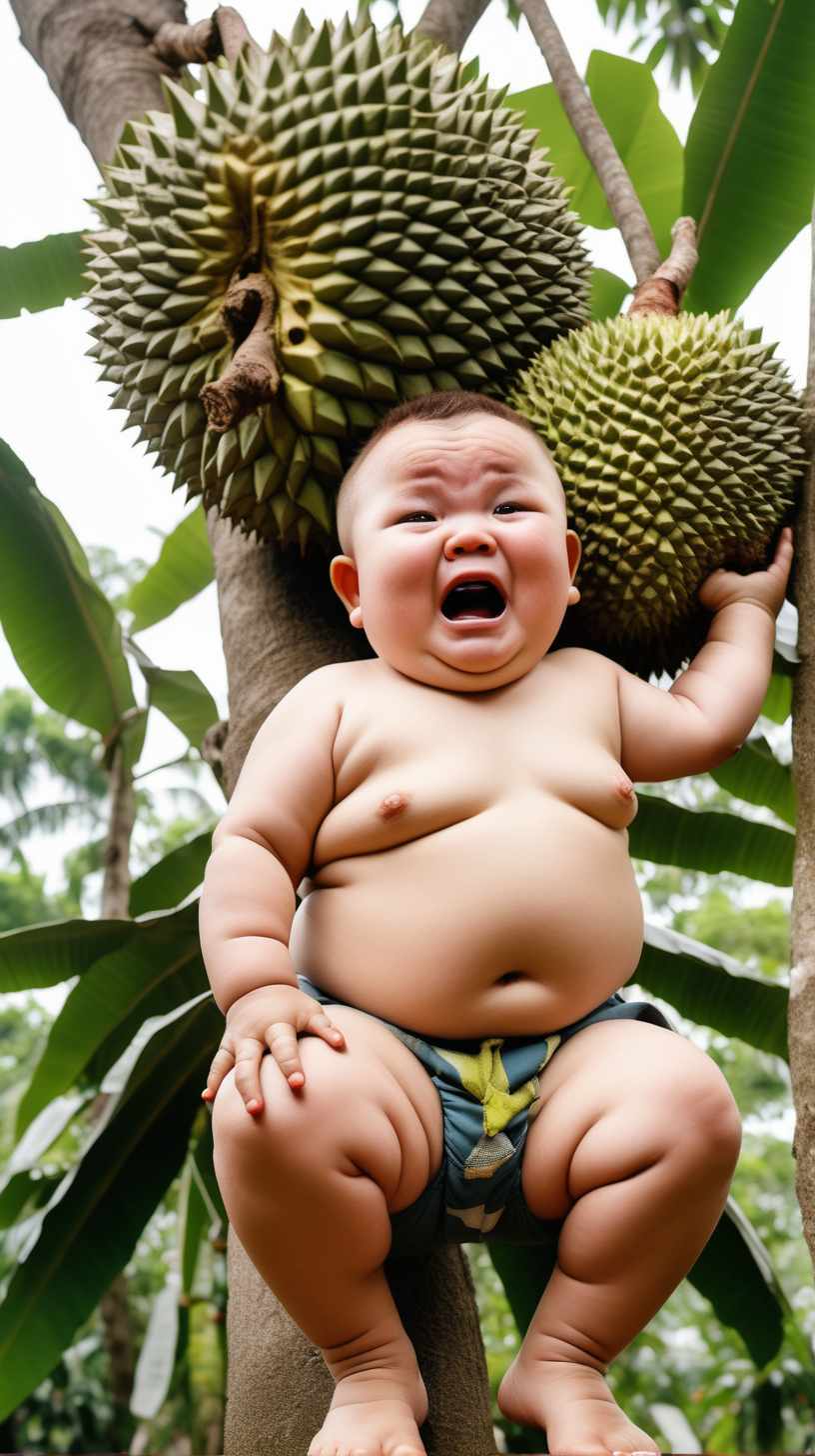 Cute Fat Little Boy climbing a Durian Tree