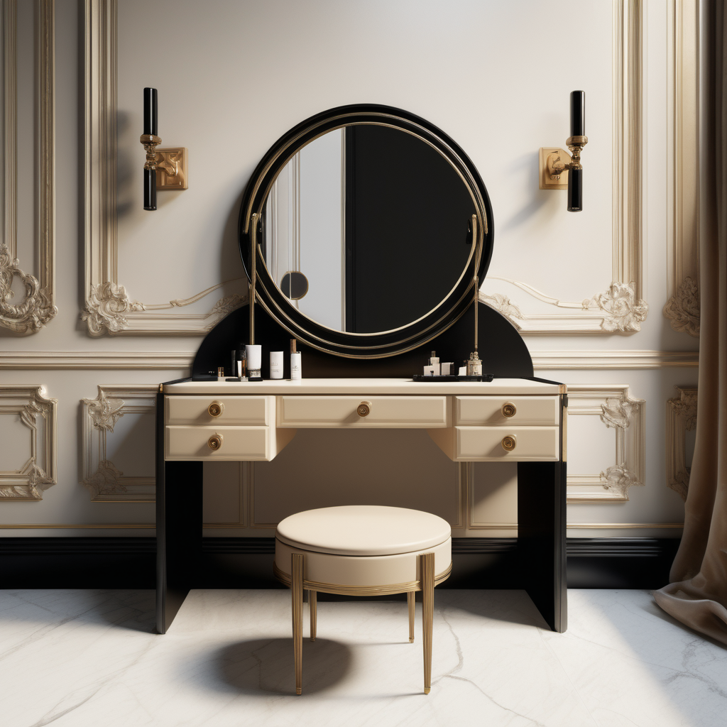 a hyperrealistic image of a modern Parisian  vanity table  in beige, oak, black and brass 
