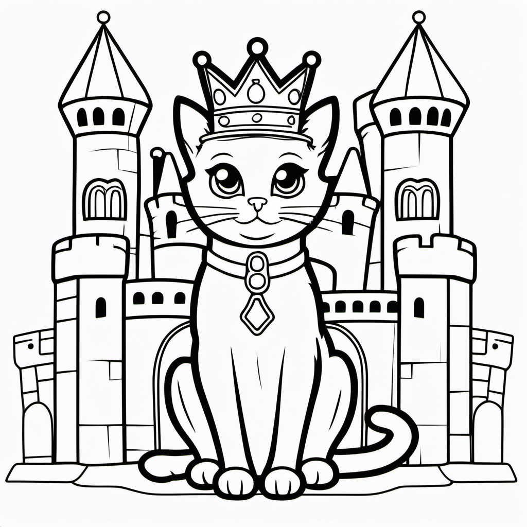 coloring pages for young kids, a royal pet cat wearing  a little crown insideroaming inside a castle,cartoon style, thick lines, low detail, no shading  