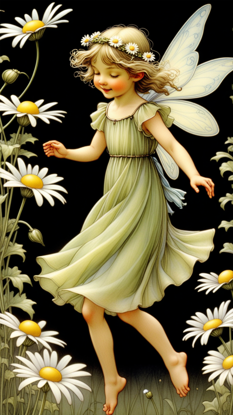  Imagine a fairy gracefully dancing amidst daisy chains, each petal reflecting the fairy's movement, mirroring the grace and elegance characteristic of Cicely Mary Barker.