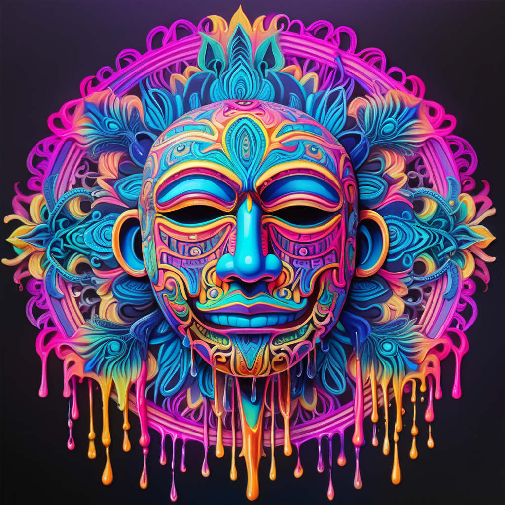 bright neon colors, high details, symmetrical mandala, strong lines, sad face mask that is melting, dripping