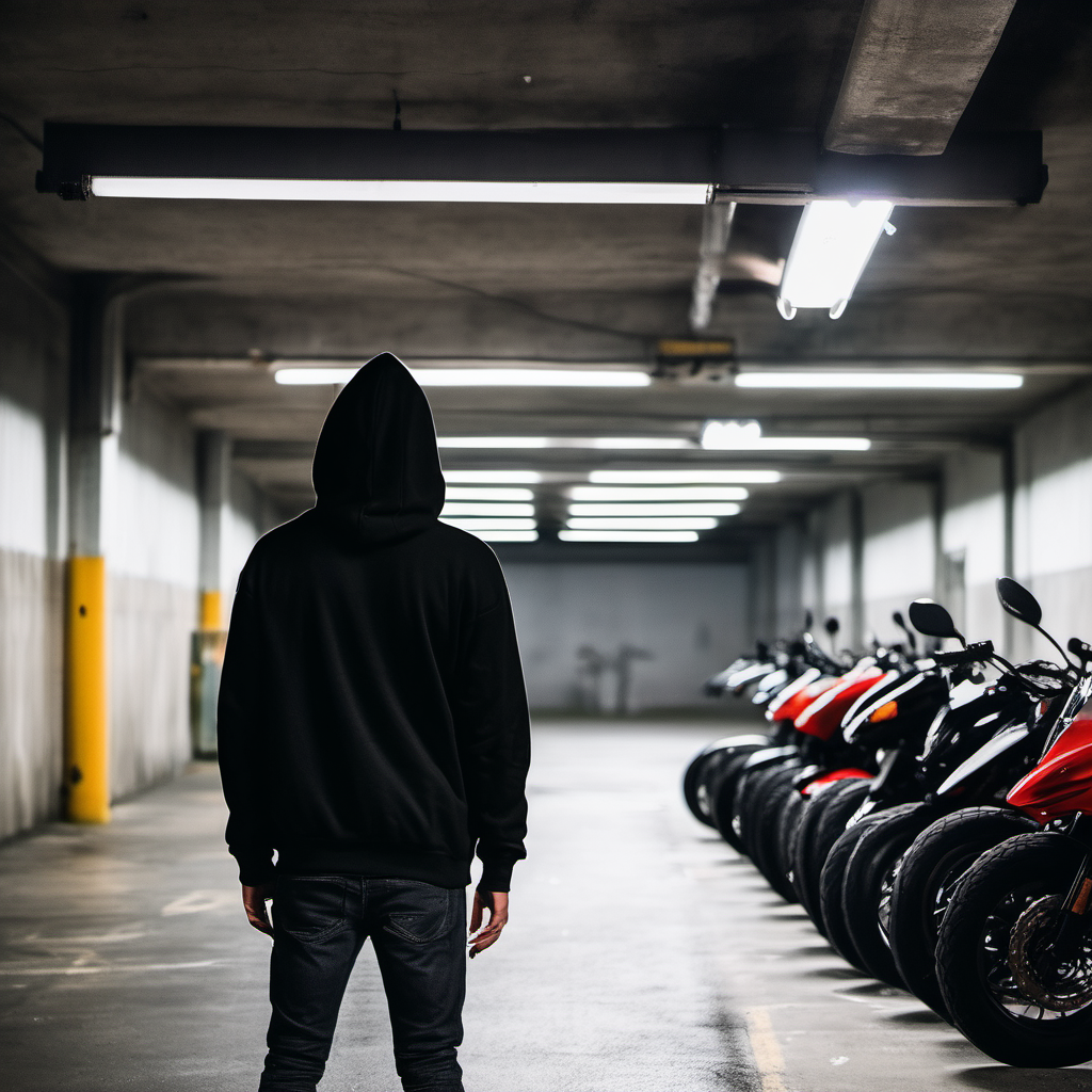 guy with an oversized black PLAIN hoodie facing away in a dark parking garage with a couple motorcycles and hes standing 1 feet away