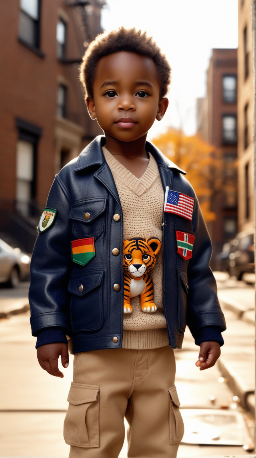 A cute, young little black boy , wearing a Navy, leather safari jacket, with one African flag patch on the center back, Beige V Neck sweater, wearing Brown corduroys, standing in Brooklyn, holding a small, toy tiger, 4k, realism, high definition clarity, brilliant early morning sunshine background