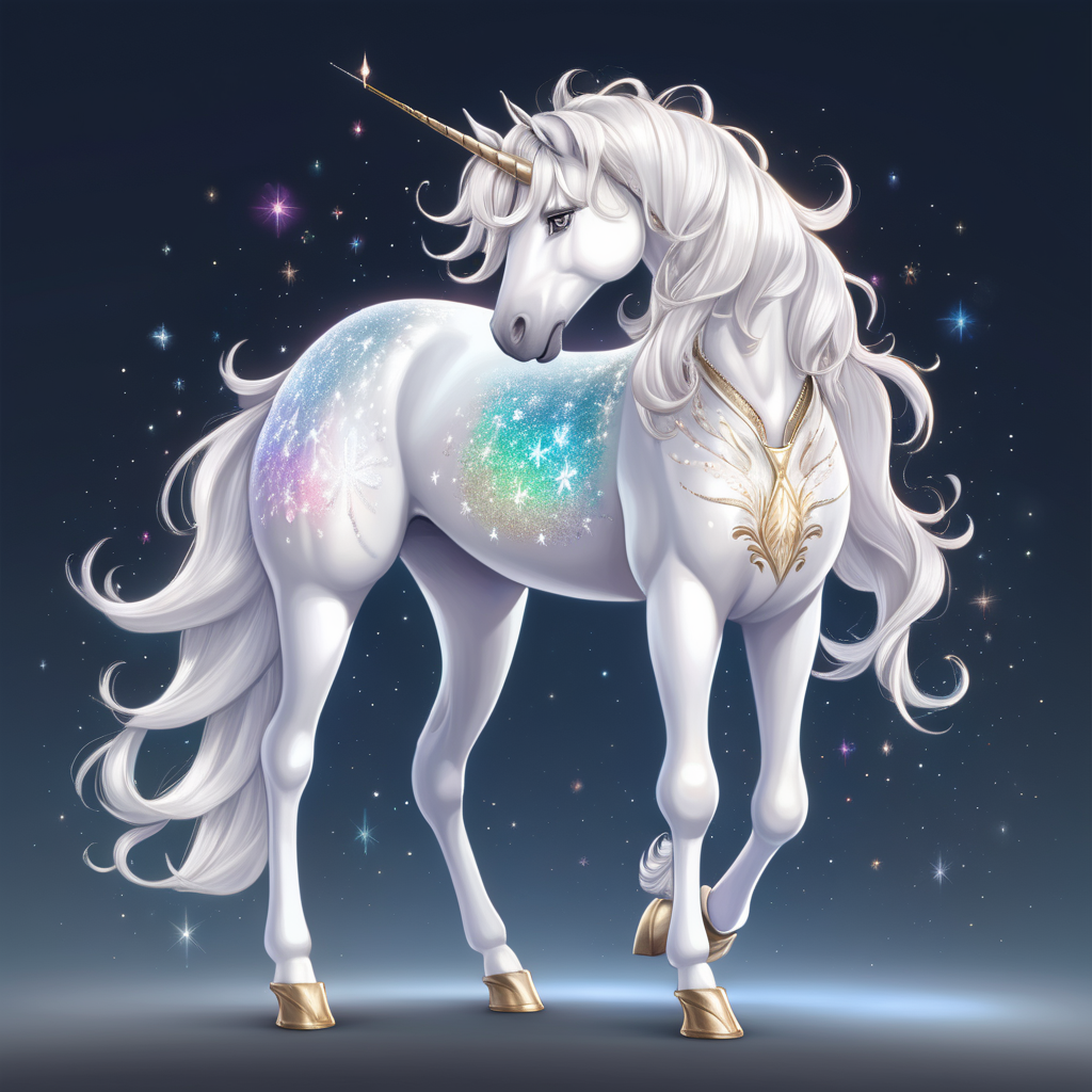 a full body image of a magical white unicorn with a shimmering coat with head bowed down as if to be petted similar to Diana Cooper in anime cartoon style