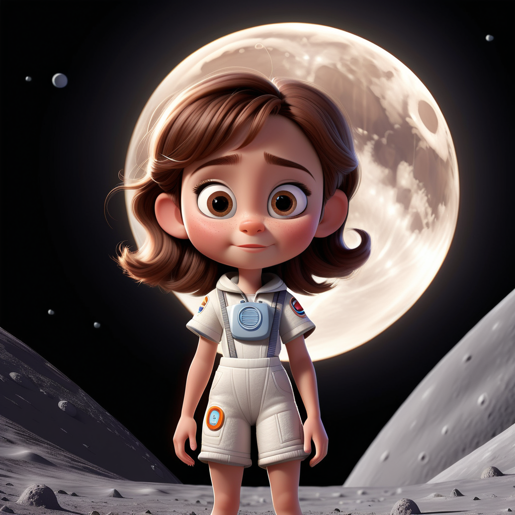 imagine 5 year old short girl with brown hair, fair skin, hazel eyes, use Pixar style animation, use white background and make it full body size, standing on the surface of the moon