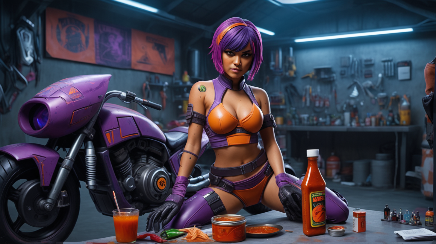 bikini sabine wren working on a motorcycle with hot sauce on a table in cyberpunk garage