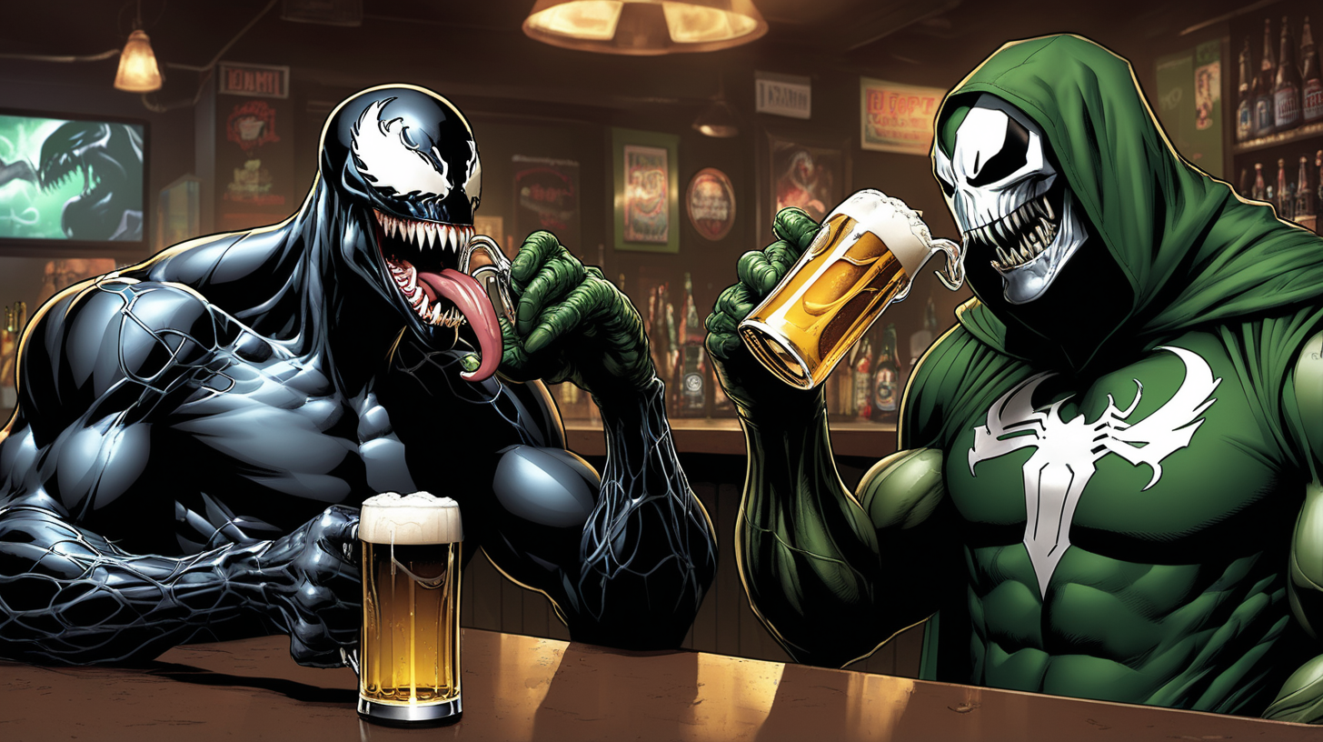 Venom drinking a beer at a bar with