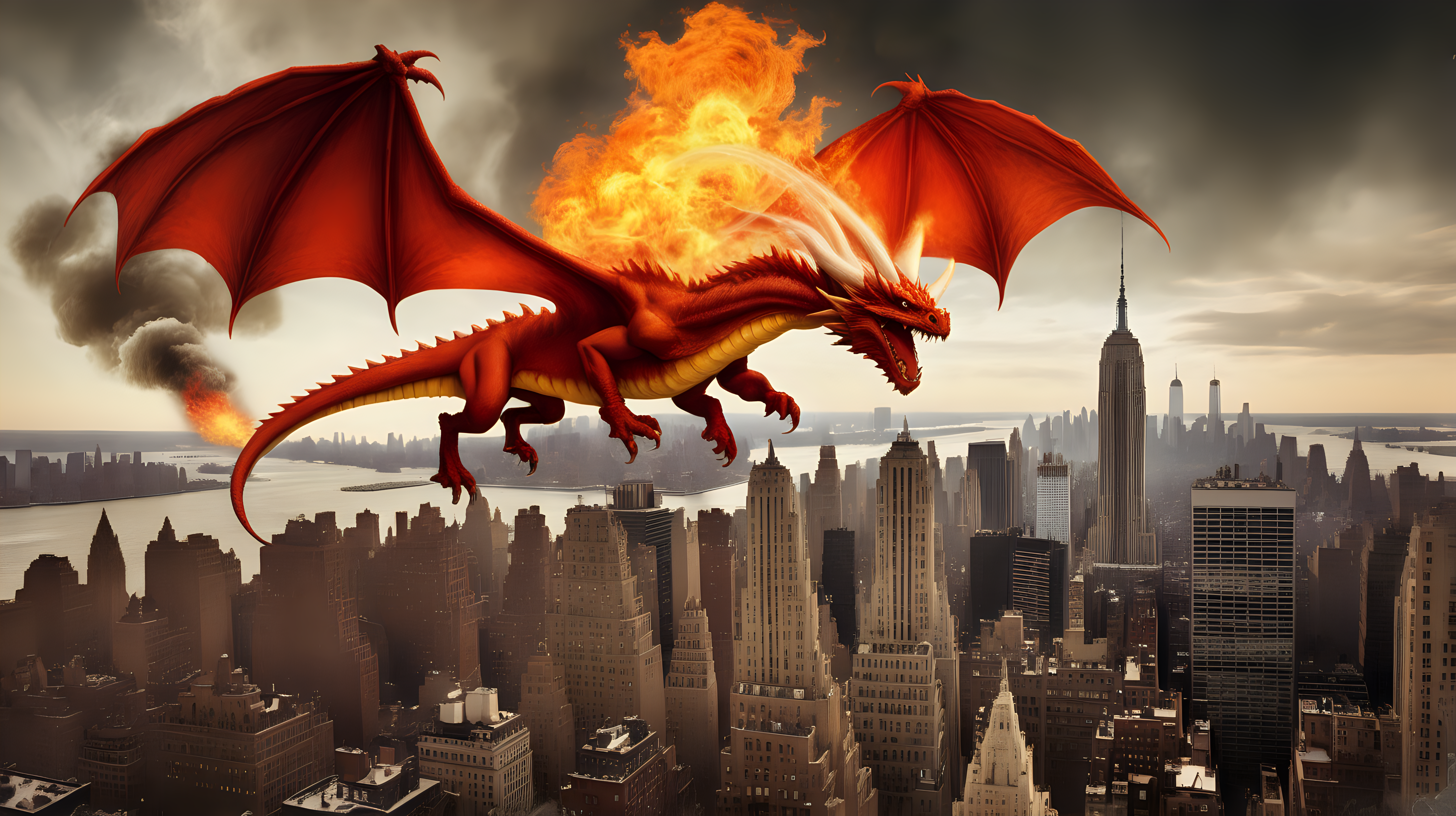 fire breathing 3 horned dragon destroying 1900's NYC skyline