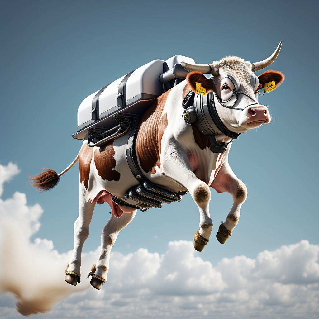 side view of cow flying with jetpack photorealistic