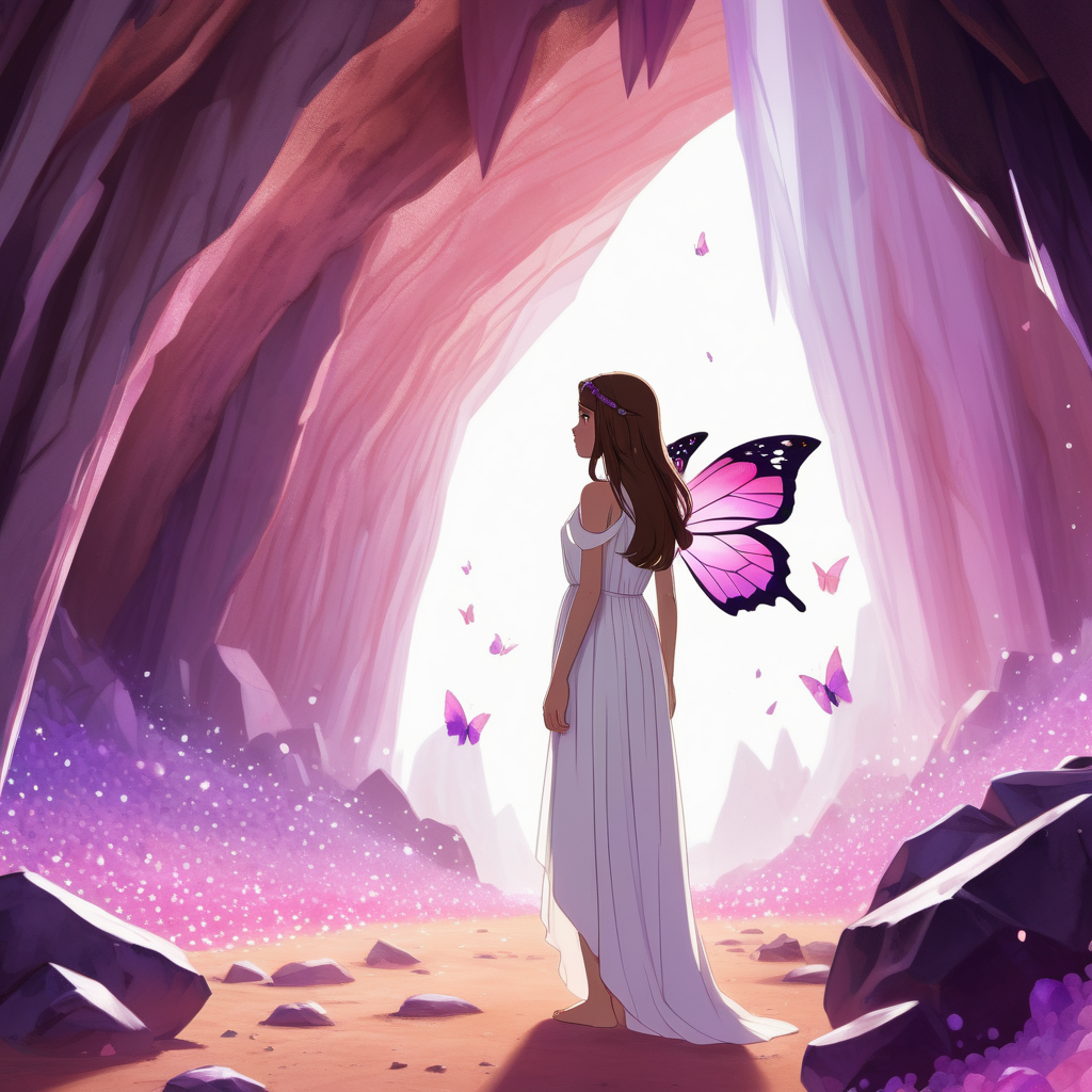 A teenage girl with long brown hair stands in front of a cave with large pink and purple crystals on the walls—She's wearing a white flowy dress. She has a butterfly on her shoulder. Show her back. 